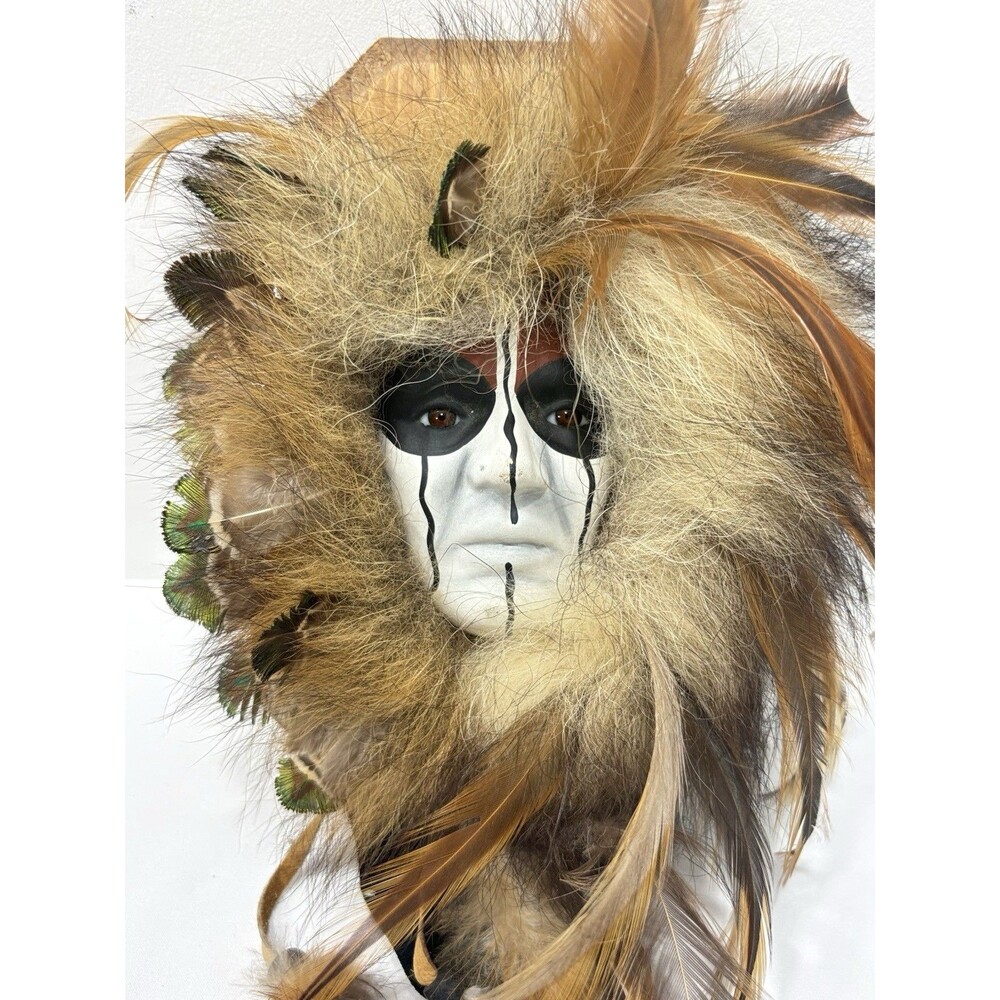 Vintage Following Eyes Mask Feather Fur Wood Wall Art Folk Tribal Style 9”